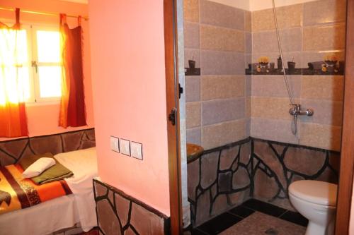 een badkamer met een douche, een toilet en een wastafel bij Maison d'hôtes La vallée des nomades in Semrir
