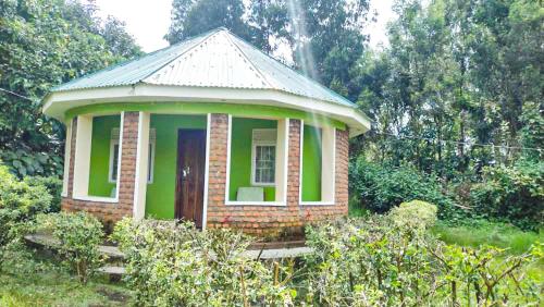 a small green house with a door in a garden at Amajambere Iwacu Community Camp in Kisoro