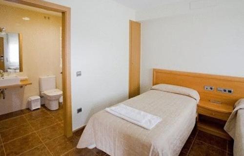 ein Schlafzimmer mit einem Bett, einem Waschbecken und einem WC in der Unterkunft Amolls Restaurant i Habitacions in Olot