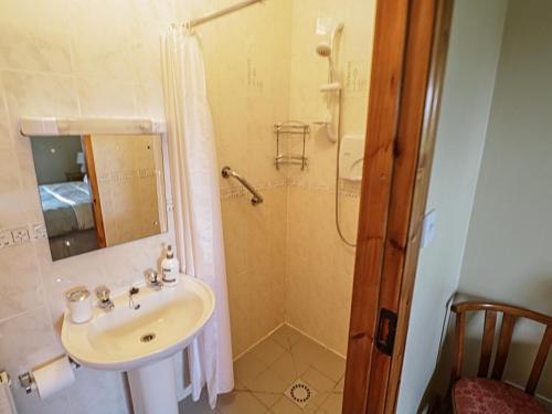 uma casa de banho com um lavatório e um chuveiro em Tieve Baun em Ballaghnatrillick