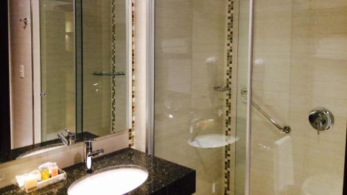 a bathroom with a sink and a shower at Carnaval Hotel Casino in Encarnación