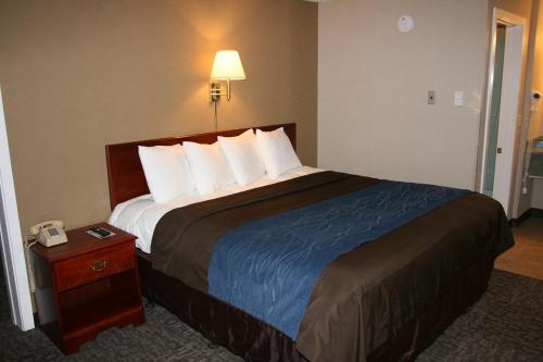 a hotel room with a large bed with white pillows at Bangor Inn & Suites in Bangor