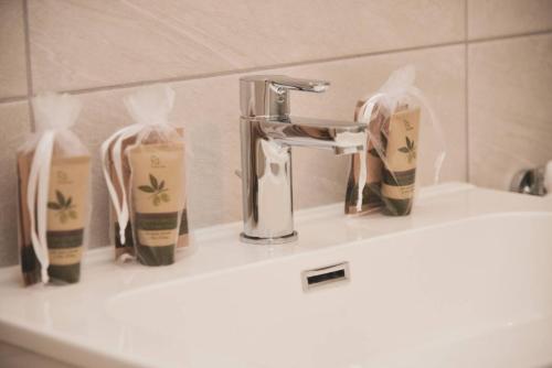 un lavandino con rubinetto e due bottiglie di sapone di Brand New Apartmentcecilia Residence Apt N1 ad Agno