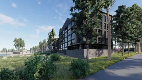 an architectural rendering of a building on a street at Uusi viihtysä 4-hengen loma-asunto hiekkasärkillä in Kalajoki