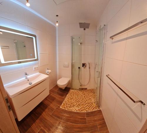 a bathroom with a shower and a sink and a toilet at Moderne Wohlfühlferienwohnung in Hildburghausen in Hildburghausen