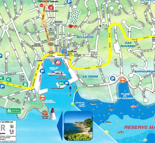 a map of a resort with yellow and red circles at grand studio terrasse de standing, pleine vue village et proche mer in Carry-le-Rouet