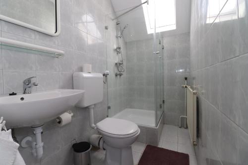 y baño con aseo, lavabo y ducha. en Villa Galagonya I. II., en Balatongyörök