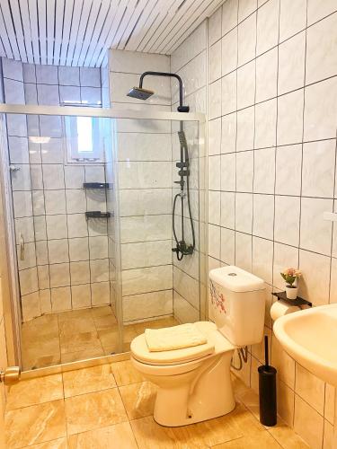 łazienka z prysznicem, toaletą i umywalką w obiekcie Bodrum Sade Pension w Bodrum