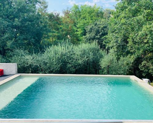 阿萊的住宿－Magnifique villa avec piscine，一片蓝水,有树在后面