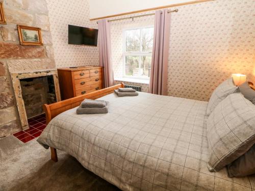 a bedroom with a bed and a fireplace at 3 Castle Orchard in Belper