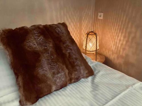 une grande couverture brune assise au-dessus d'un lit dans l'établissement La tanière Dinant, à Dinant