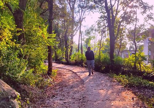 a man walking down a path in the woods at Dev Bhoomi Farms & Cottages in Dharamshala