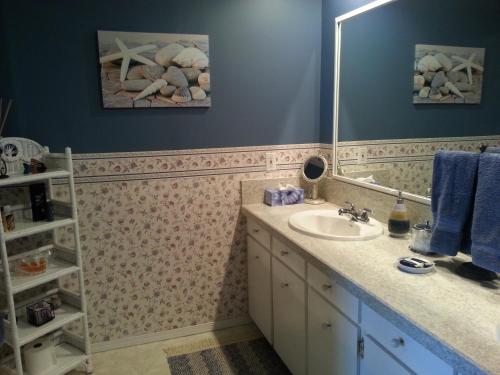 een badkamer met een wastafel en een spiegel bij Hammond Bay Oceanside Guesthouse in Nanaimo