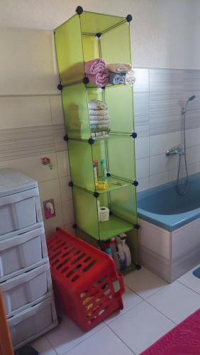 a bathroom with a green shelf next to a tub at Mini Farm Adi in Cazin