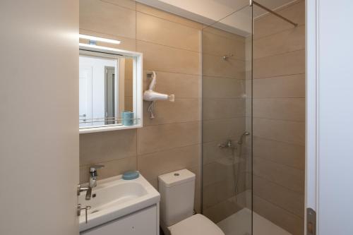 uma casa de banho com um WC, um lavatório e um chuveiro em PALMAR CLUB - Villa Aphrodite em Mirsíni