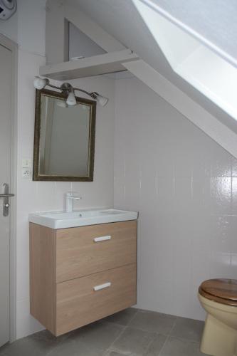 a bathroom with a sink and a mirror and a toilet at Jolie maison de campagne rénovée en 2022 in Langueux