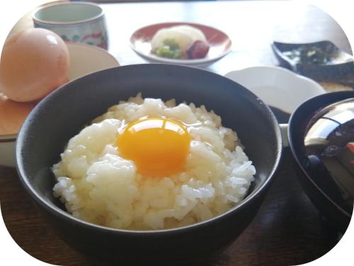 a bowl of rice with an egg on top at くつき鯖街道 古民家cocco小入谷 in Takashima