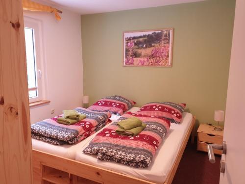 1 dormitorio con 2 camas individuales y almohadas rojas en Erzgebirgsidyll Breitenbrunn - Waldhaus en Neuer Anbau