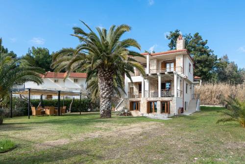 a palm tree in front of a house at #FLH - Vitamin Sea Beachfront Villa, Sithonia in Metamorfosi