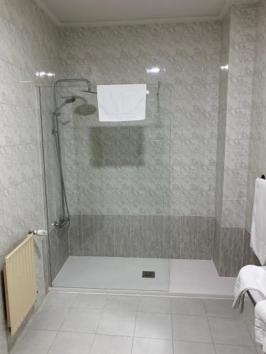 a shower with a glass door in a bathroom at Hotel Los Olmos in Lugo