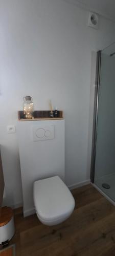 a white bathroom with a toilet and a shower at La vache au lit in Damme