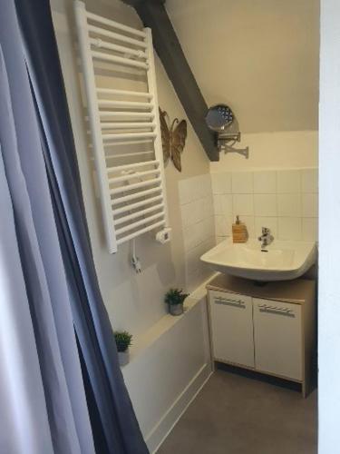 a bathroom with a sink and a butterfly on a window at studio centre ville 3ème étage sans ascenceur in Saint-Pol-de-Léon