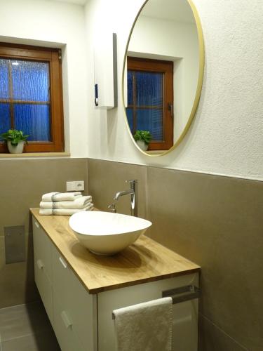 een badkamer met een witte wastafel en een spiegel bij Ferienwohnung Haus Weinbergsblick in Kirschroth