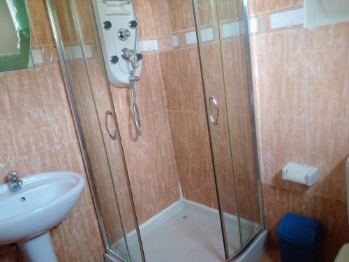 W łazience znajduje się prysznic i umywalka. w obiekcie Wib Guesthouse w Addis Abebie