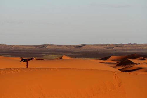 a man standing on a sand dune in the desert at Ksar Bicha in Merzouga