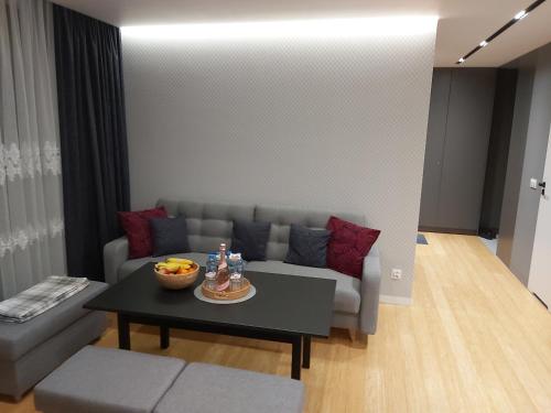 ein Wohnzimmer mit einem Sofa und einem Tisch in der Unterkunft Wizjonerów Luxury Apartment & Garage in Krakau