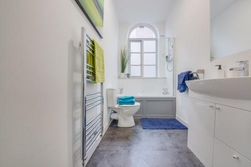 a white bathroom with a toilet and a sink at Lovely Central 1 Bed Apartment Sleeps 4 in Sheffield