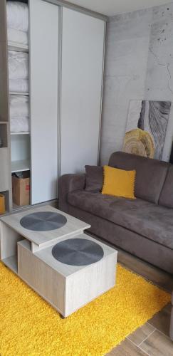 a living room with a couch and a yellow rug at Kraljevi Cardaci 9D 12- Sunny view in Kopaonik