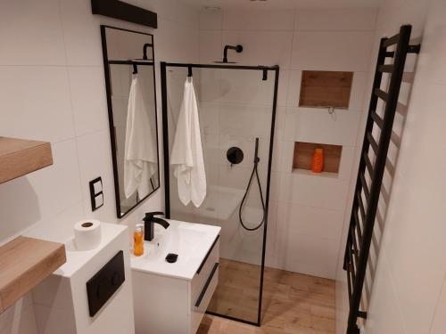 a bathroom with a shower and a white sink at Sleep In Center in Kraków