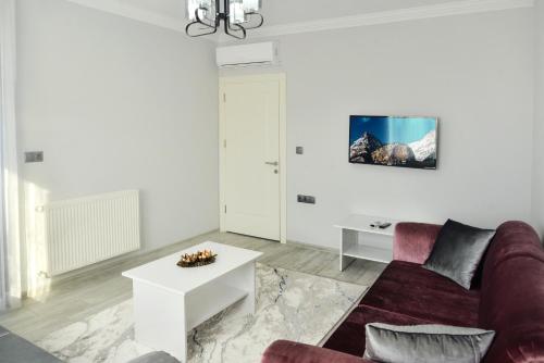 a living room with a couch and a table at Melissa Suite in Trabzon