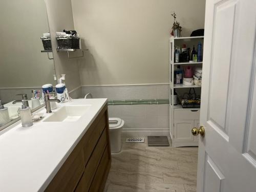 a white bathroom with a sink and a toilet at 5BRwithBand&Piano setup Private Gym Theater&Entry at Cherry Hill in Cherry Hill
