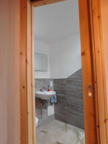 La salle de bains est pourvue d'un lavabo et de toilettes. dans l'établissement Ferienhaus Seeperle, à Bodman-Ludwigshafen