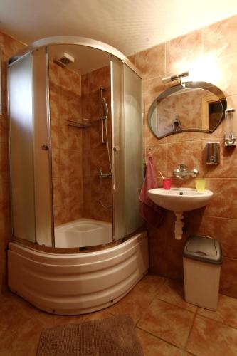 un bagno con doccia e lavandino di Chalupa pri vodopade a Lúčky