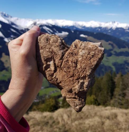 a hand holding a rock in the shape of a heart at Appartement Moaeben in Alpbach