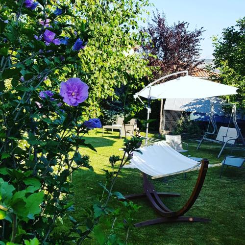 a chair and an umbrella in a garden at Chambres d'hôtes La Dorgisane in Venterol