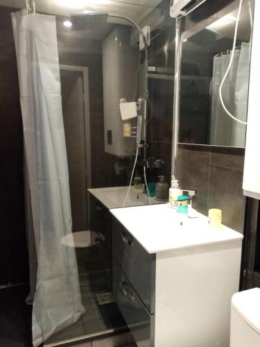 une salle de bain avec un lavabo blanc et une douche dans l'établissement Studio les mélèzes vue montagne Barcelonnette, à Barcelonnette