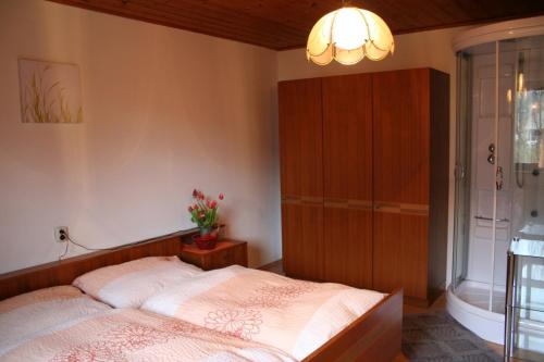 1 dormitorio con 1 cama grande y bañera en Ferienwohnungen Grabnerbauer en Mondsee