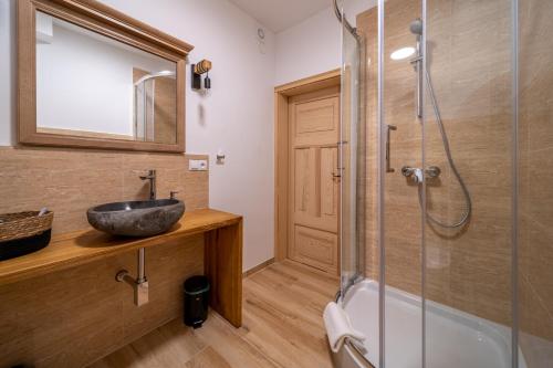 W łazience znajduje się umywalka i prysznic. w obiekcie Skalna Rezydencja w mieście Karpacz