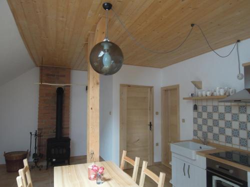 a kitchen with a wooden table and a stove at Apartmány Kamenka in Mičovice