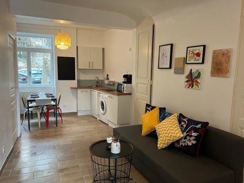 un salon avec un canapé et une cuisine dans l'établissement TABI APPART ,MODERN CHIC vs FREE PARKING,WIFI,DRAPS, à Thiers