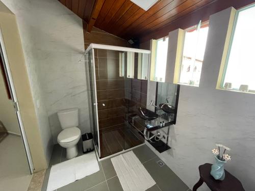 y baño con ducha y aseo. en Espaço Nobre en Cunha