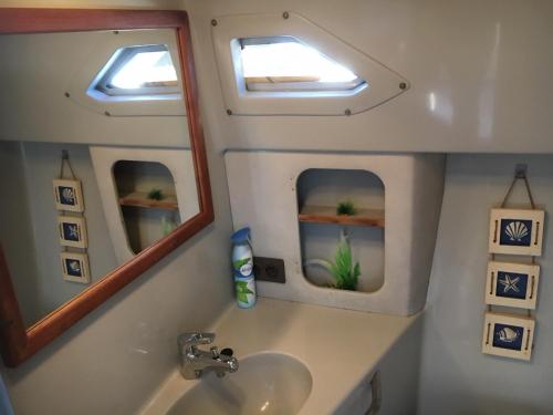 a bathroom with a sink and a mirror at Location Bateau Hôtel Antibes in Antibes