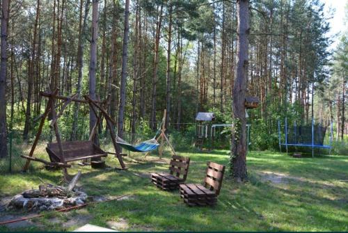 einen Spielplatz mit Hängematte und Baum in der Unterkunft Domek Chańcza in Chańcza