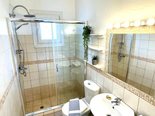 a bathroom with a shower and a toilet and a sink at Lena Kassiopi Apartments in Kassiopi