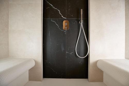 a shower in a bathroom with a black wall at Five stars Florence luxury apartments in Florence