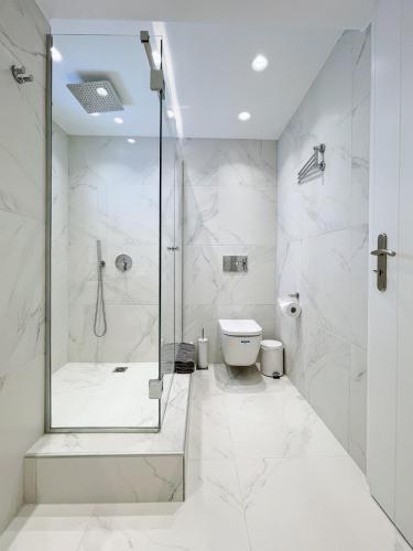 a white bathroom with a shower and a toilet at Nostos home in Dhragoulás